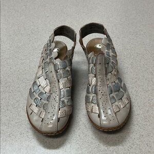 Rieker Women's Woven Sandals - Gray and dusty mauve with some silver accents.